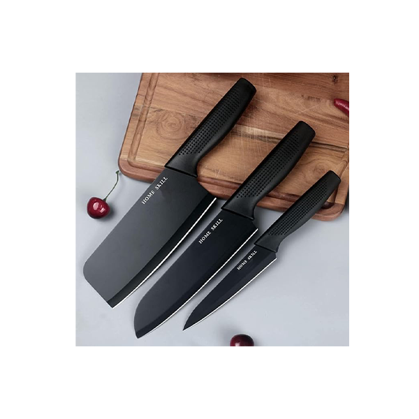 HOME SKILL®Kitchen Knife Set Stainless Steel 3 Pieces Professional Meat Knife Chef Knife with Non-Slip Ergonomic Handle Sharp Manual Sharpening for Home Kitchen High Carbon Knife Set (Black)